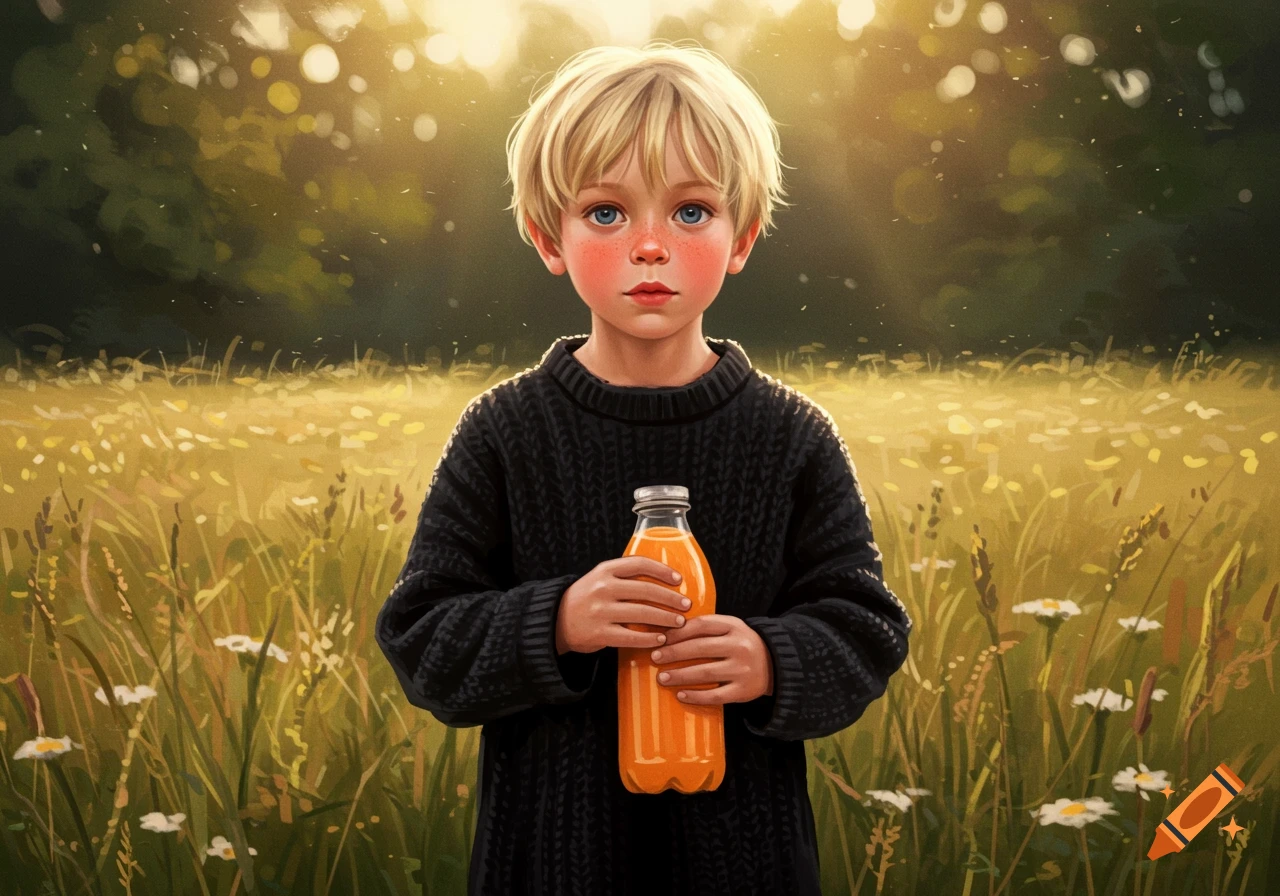 A blonde boy holds a bottle of juice in a sunlit field, illustrated in a painterly style.