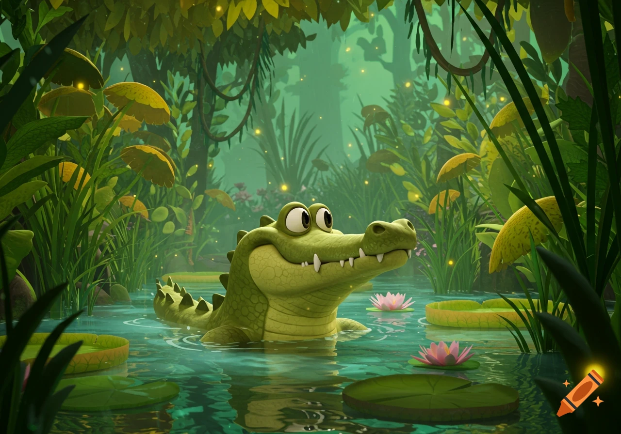A friendly cartoon alligator with big eyes swims in a lush green swamp with lily pads and fireflies.