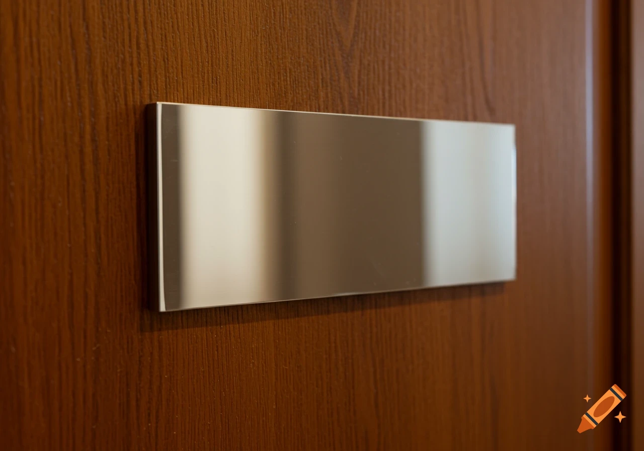 A close-up shot of a rectangular, shiny blank metallic nameplate mounted on a wooden door with vertical grain.