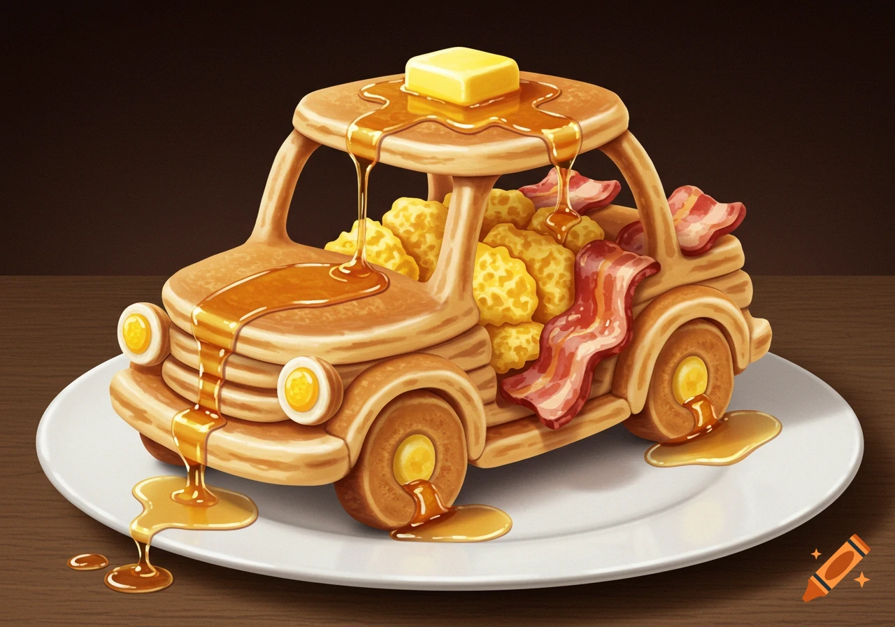 A whimsical car made of pancakes, bacon, and scrambled eggs, covered in syrup and butter, on a white plate.