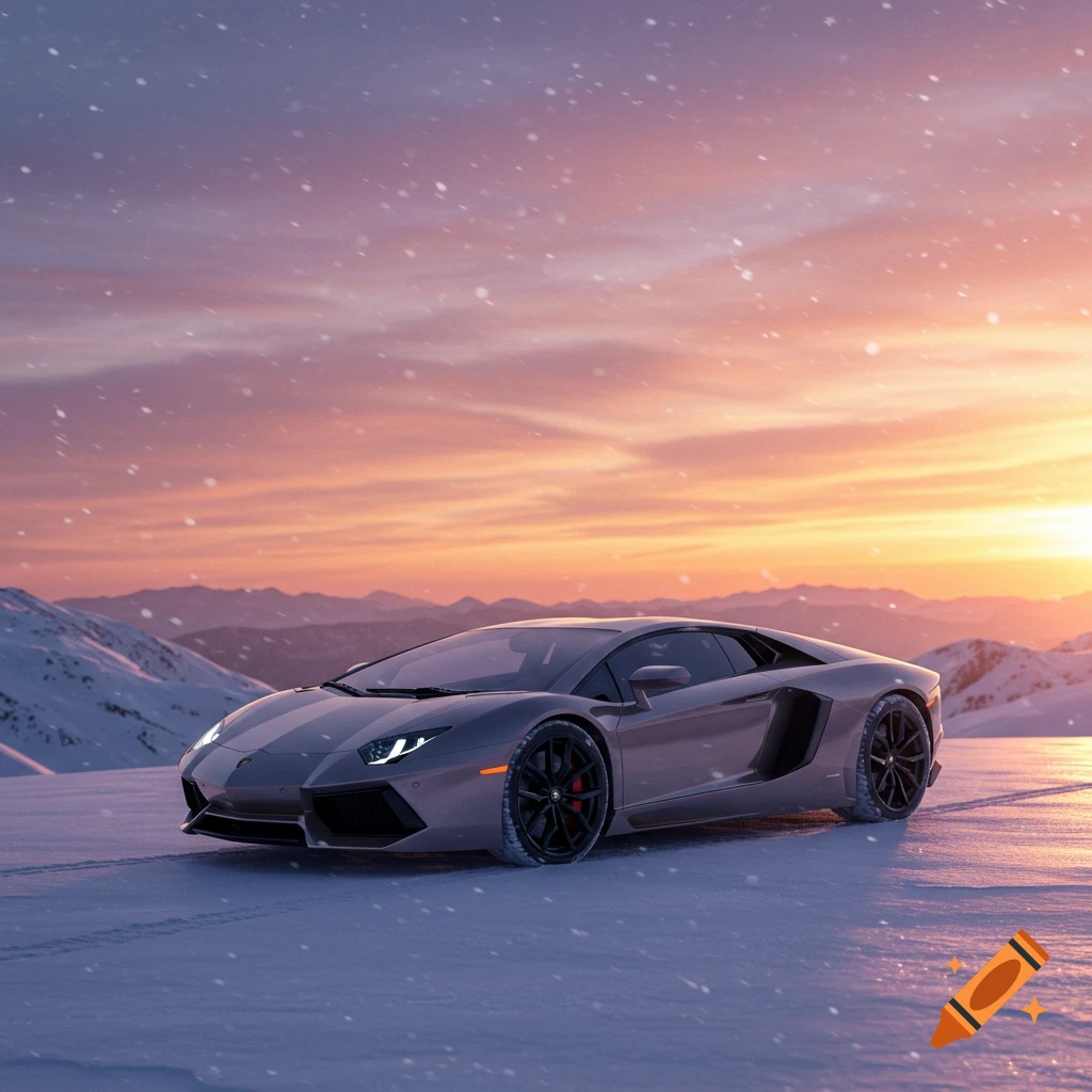 A photorealistic grey Lamborghini Aventador parked on a snowy mountain road at sunset, with light snow falling.