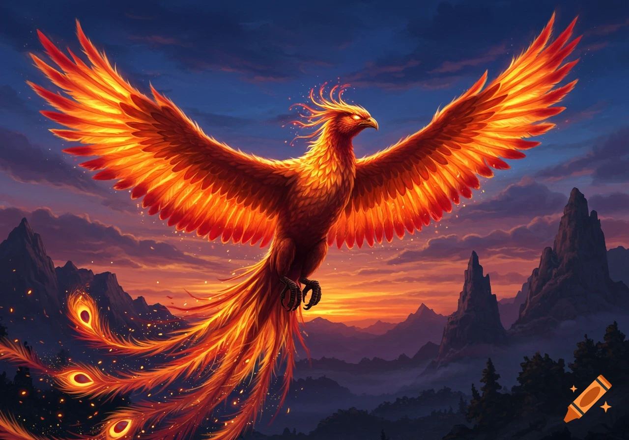 A vibrant, fiery phoenix with outstretched wings soars majestically over a mountain range at sunset in a fantastical illustration.