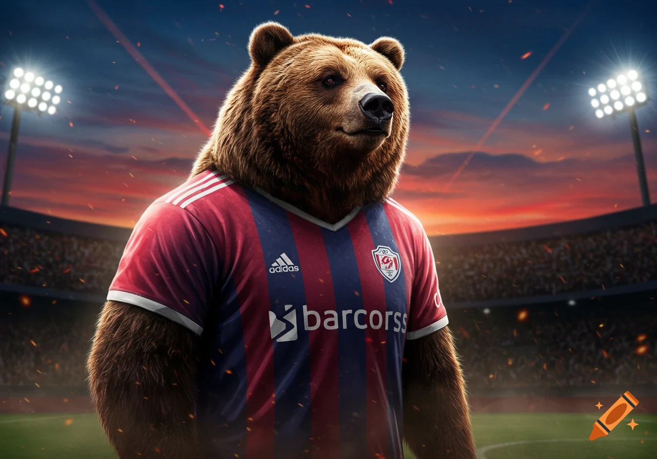 Photorealistic bear in a red and blue striped soccer jersey stands in a brightly lit stadium at sunset.