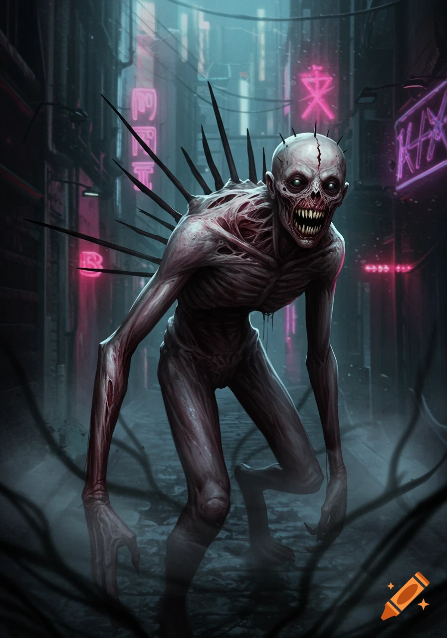 A grotesque, emaciated creature with exposed muscles, sharp teeth, glowing eyes, and spikes on its back stands in a dark, neon-lit cyberpunk alley.