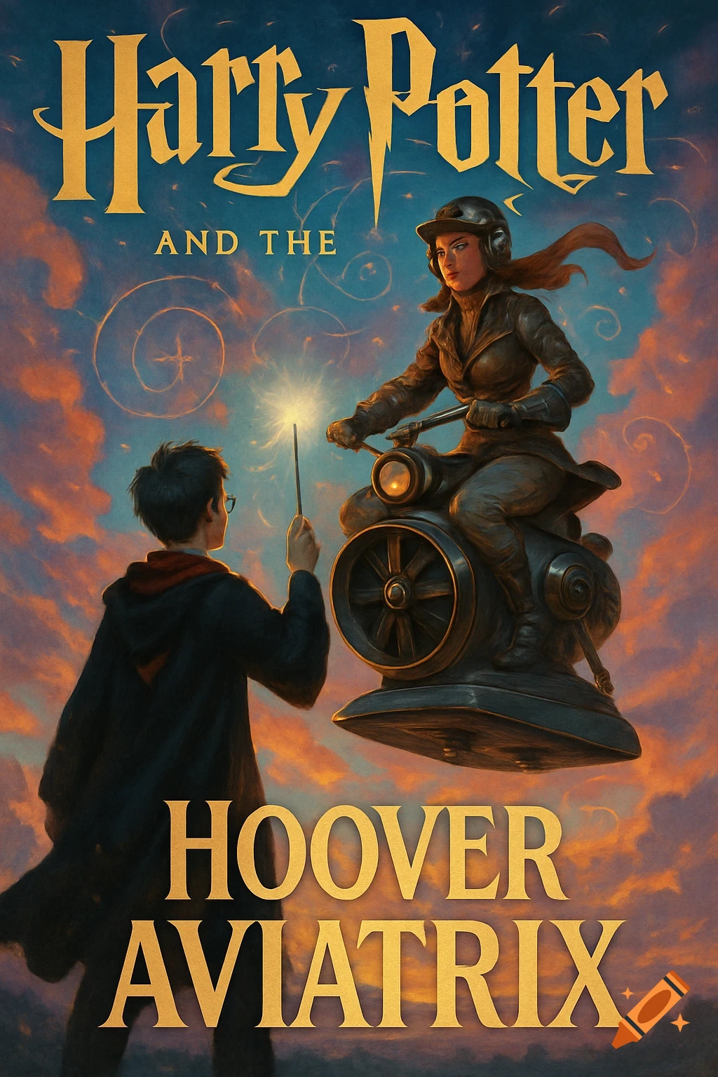 Book cover: 'Harry Potter and the Hoover Aviatrix' with a boy, wand, and a woman on a flying steampunk motorcycle at sunset.