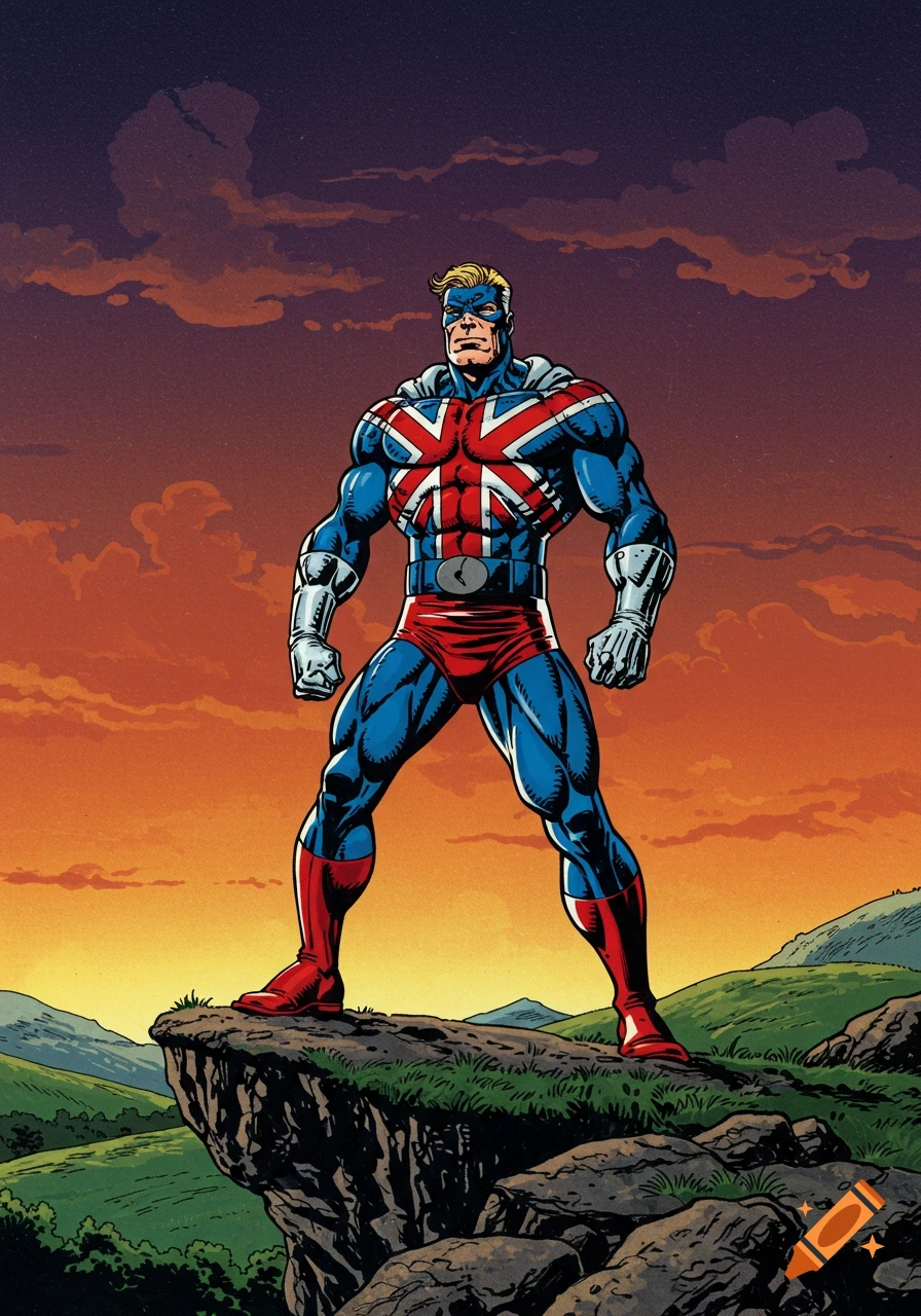 Captain Britain, a muscular superhero in a Union Jack costume, stands on a cliff overlooking a sunset landscape in a comic book style.
