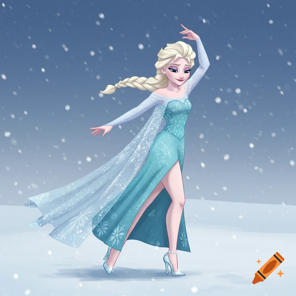 Elsa from Frozen dancing ballet on a snowy field in a sparkling icy blue dress, Disney-inspired cartoon style.