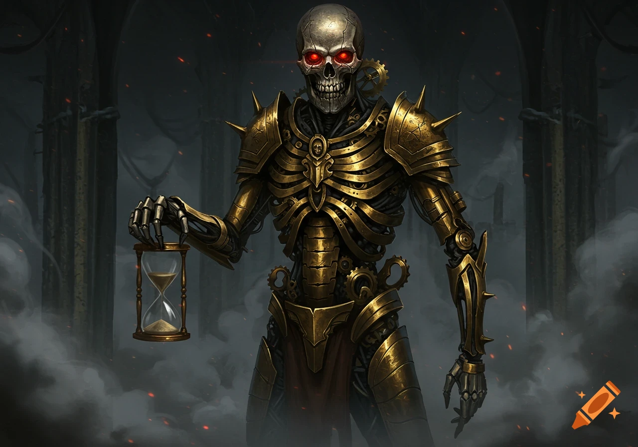 A skeletal figure in ornate golden steampunk armor with glowing red eyes holds an hourglass in a dark, smoky setting.