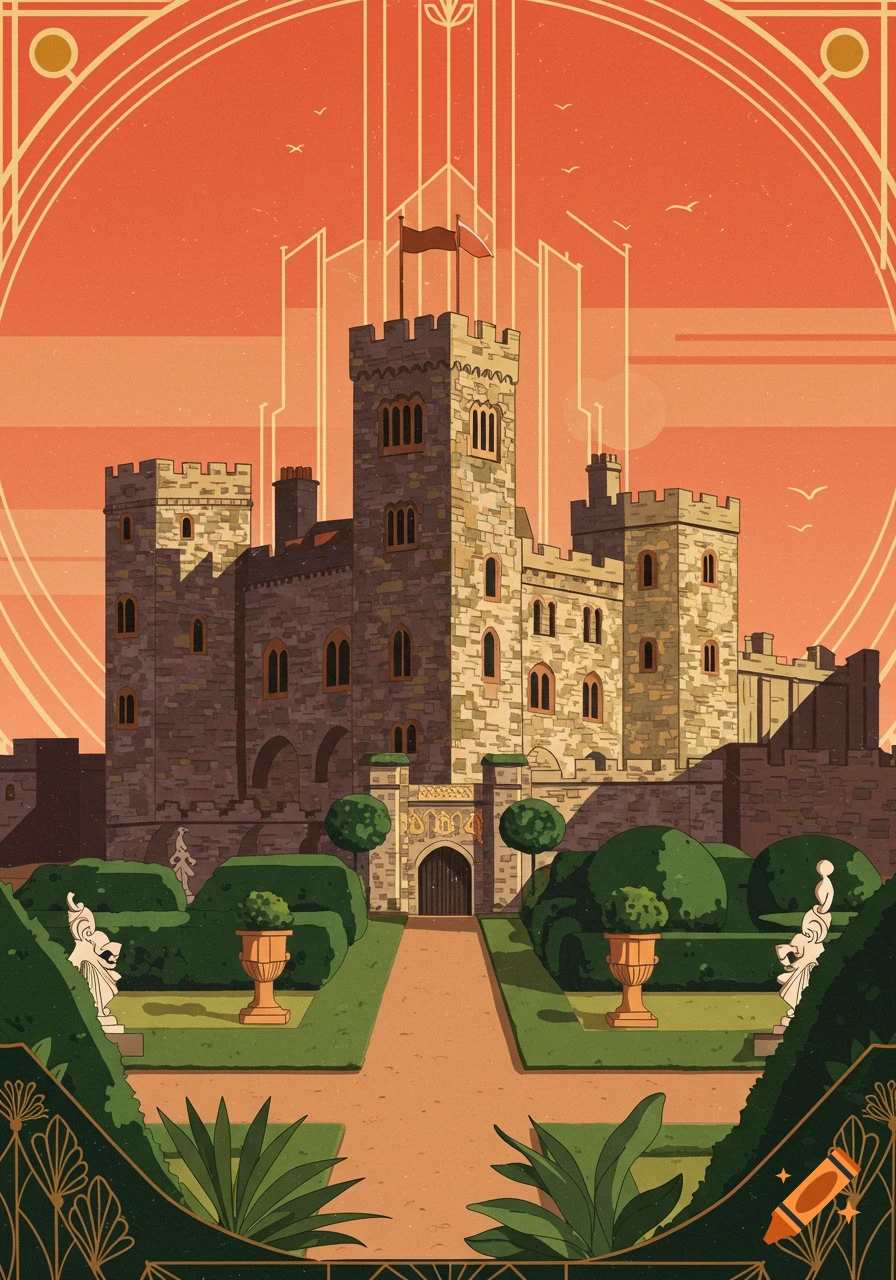 Art Deco illustration of a stone castle with a path through a formal garden, under an orange sky with geometric lines.