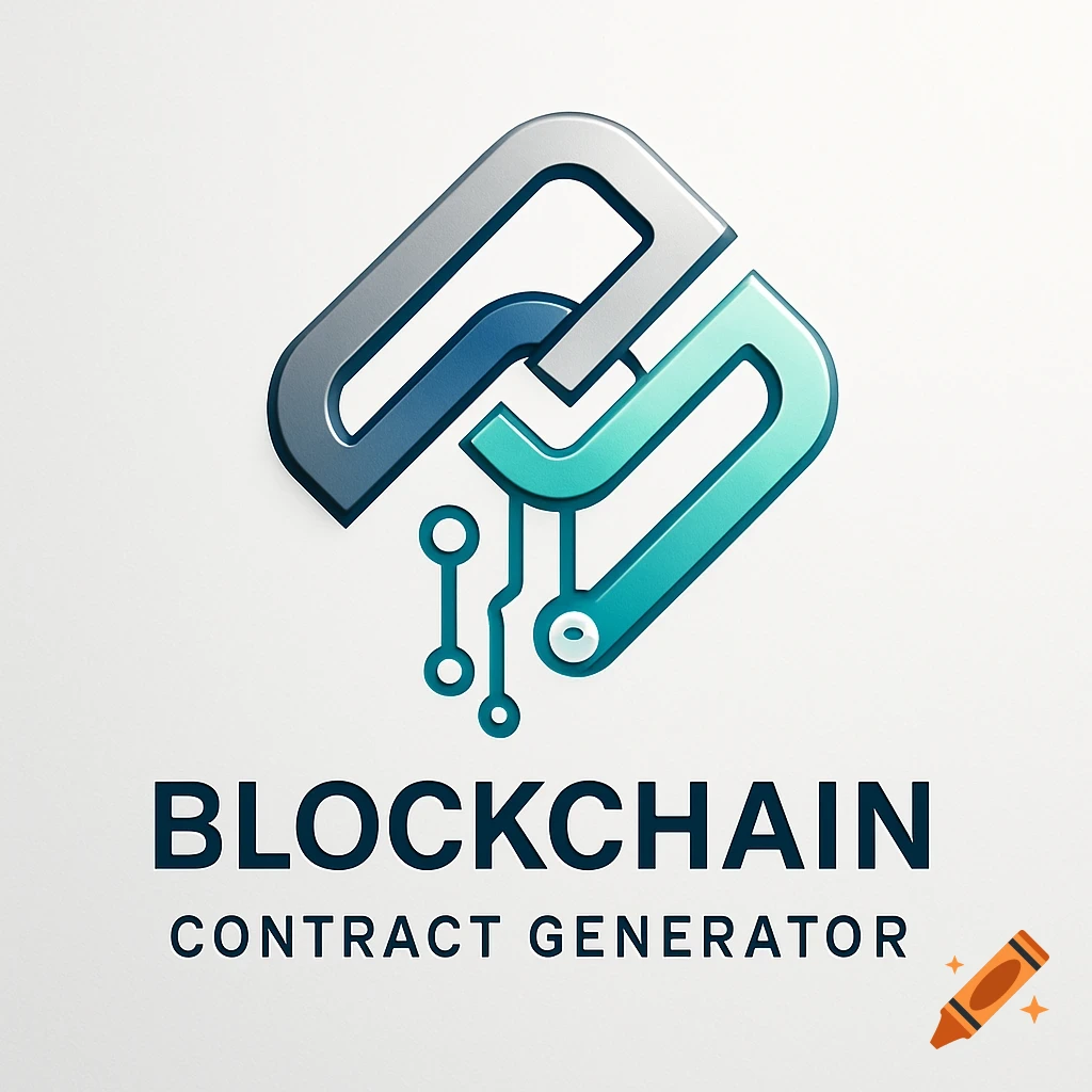Modern logo for 'Blockchain Contract Generator' with stylized interconnected shapes and circuit elements in blue and silver.