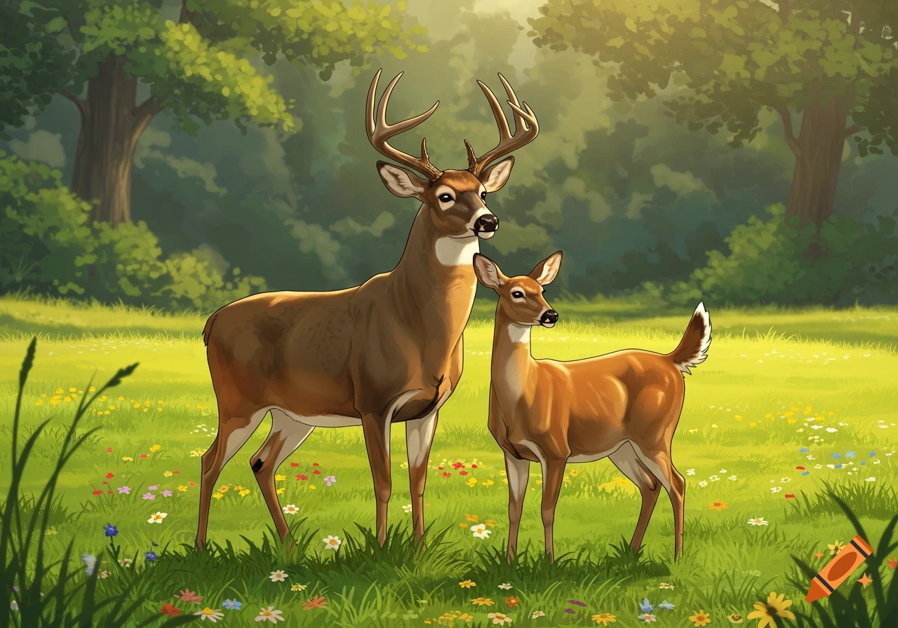 A cell-shaded cartoon of a buck and a doe deer standing in a sunny, flower-filled forest clearing.