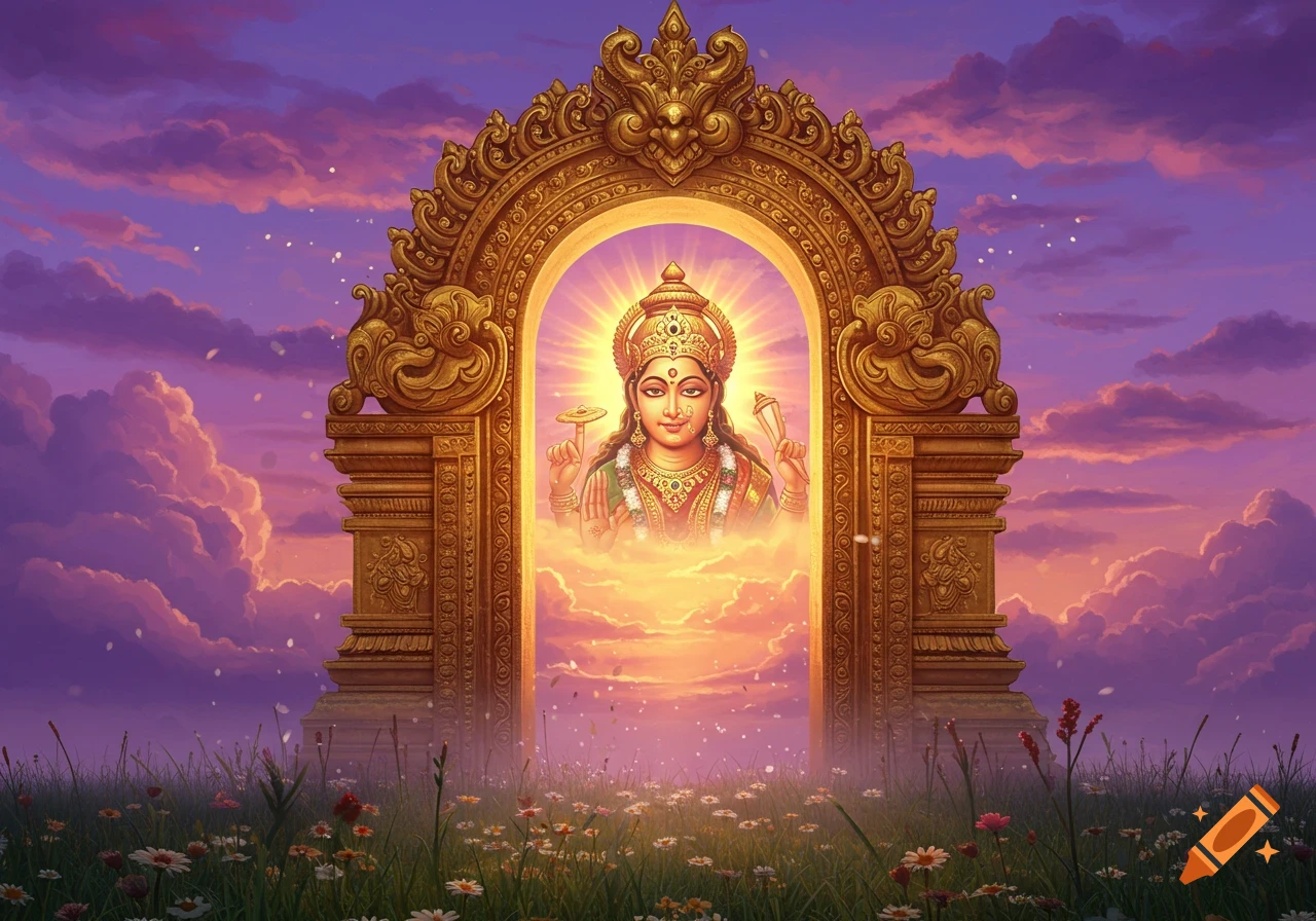A radiant Hindu goddess in a golden archway overlooks a field of wildflowers under a vibrant purple and orange sunset sky.