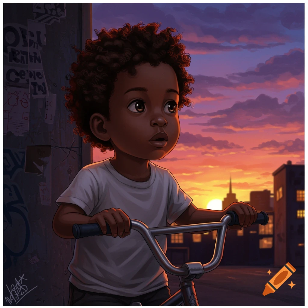 Stylized illustration of a young Black boy on a bicycle, looking up at a vibrant orange and purple sunset over a city skyline.