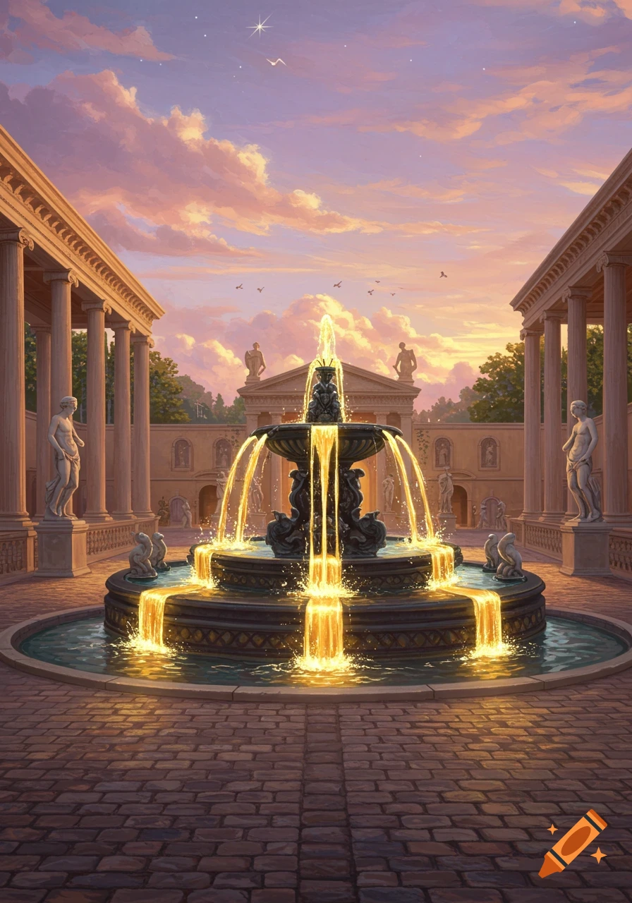 Ornate fountain with glowing golden water in a classical courtyard at sunset, with columns, statues, and a vibrant sky.