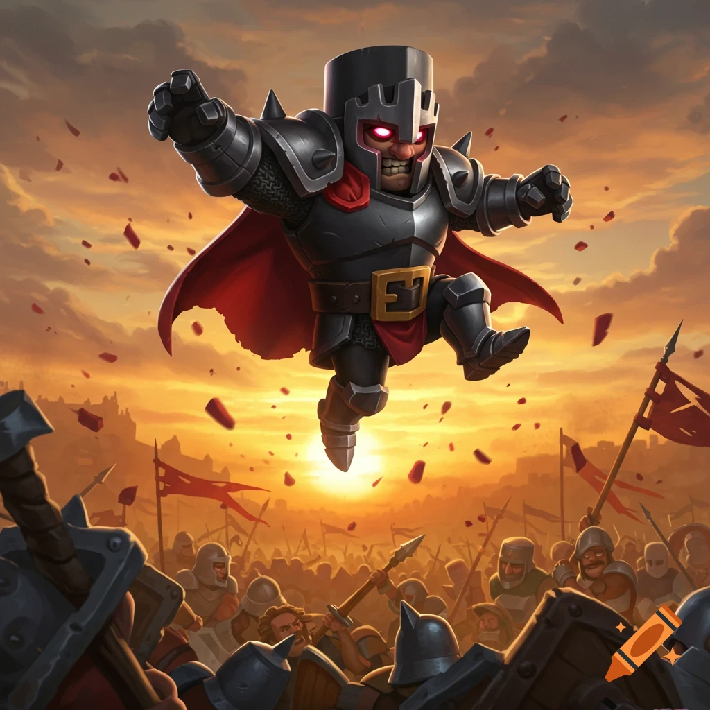 A stylized cartoon Mega Knight in dark armor and a red cape leaps into a sunset battlefield over numerous warriors.