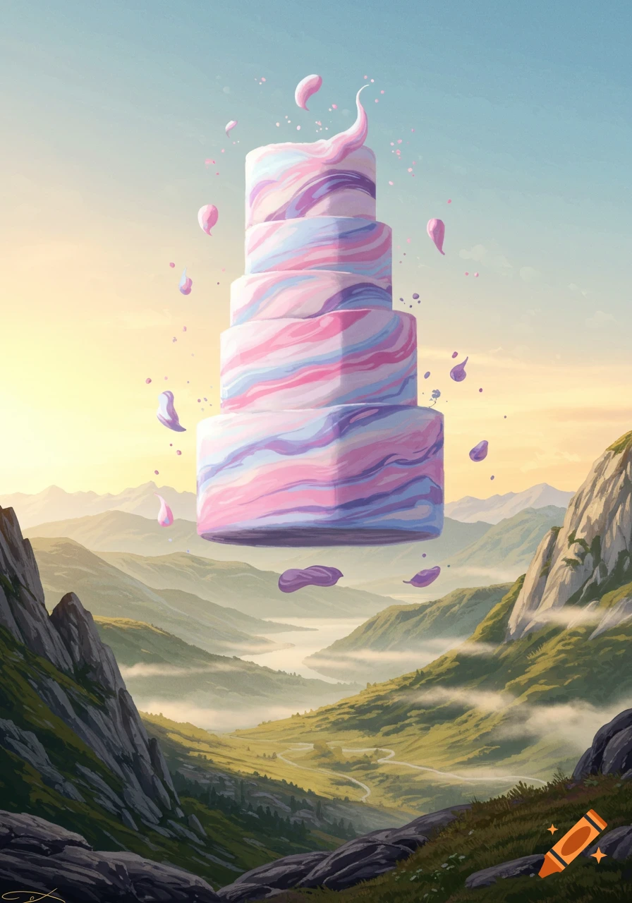 A large abstract watercolor cake with pink, blue, and purple swirls floats over a misty green mountain landscape at sunset.