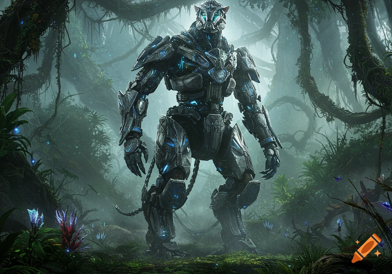 A large, metallic mech suit with blue glowing accents stands in a dense, misty jungle.