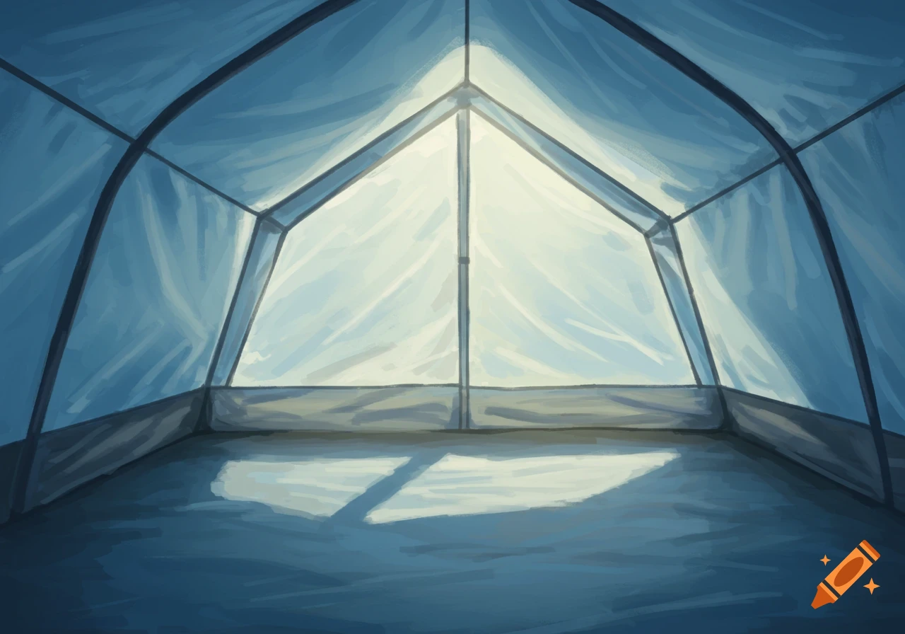 Painterly view from inside a blue tent, sunlight shining through the front and casting shadows.