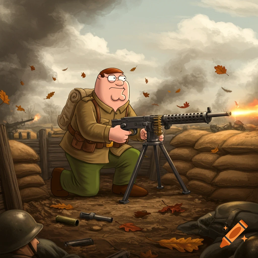 Peter Griffin, dressed as a WWI soldier, kneels in a trench firing a machine gun, with smoke and falling leaves in the background.