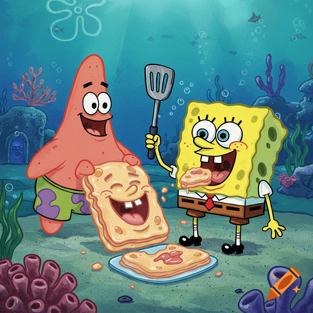 Spongebob happily eats a smiling pancake while Patrick holds another, both underwater in a vibrant cartoon style.