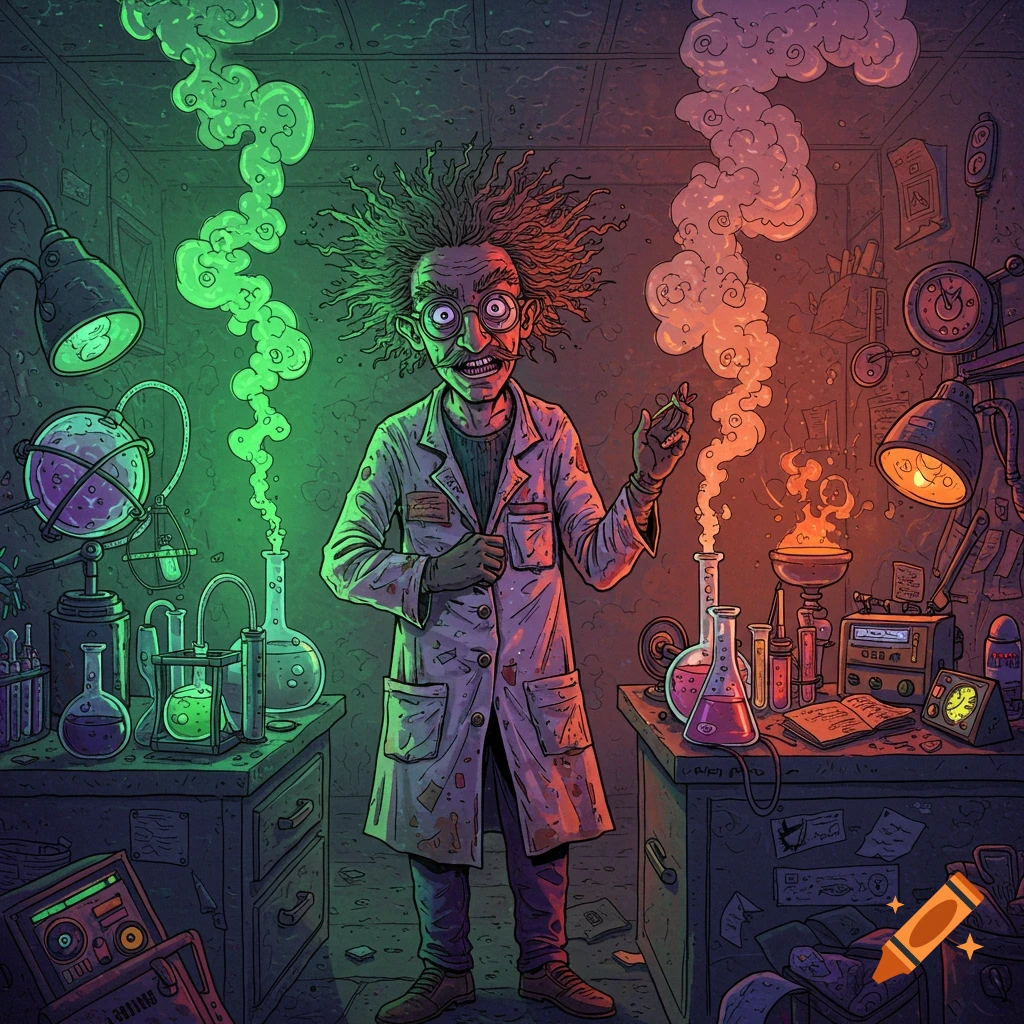 A cartoon mad scientist with wild hair and goggles in a vibrant, chaotic lab, with green and red smoke from experiments.