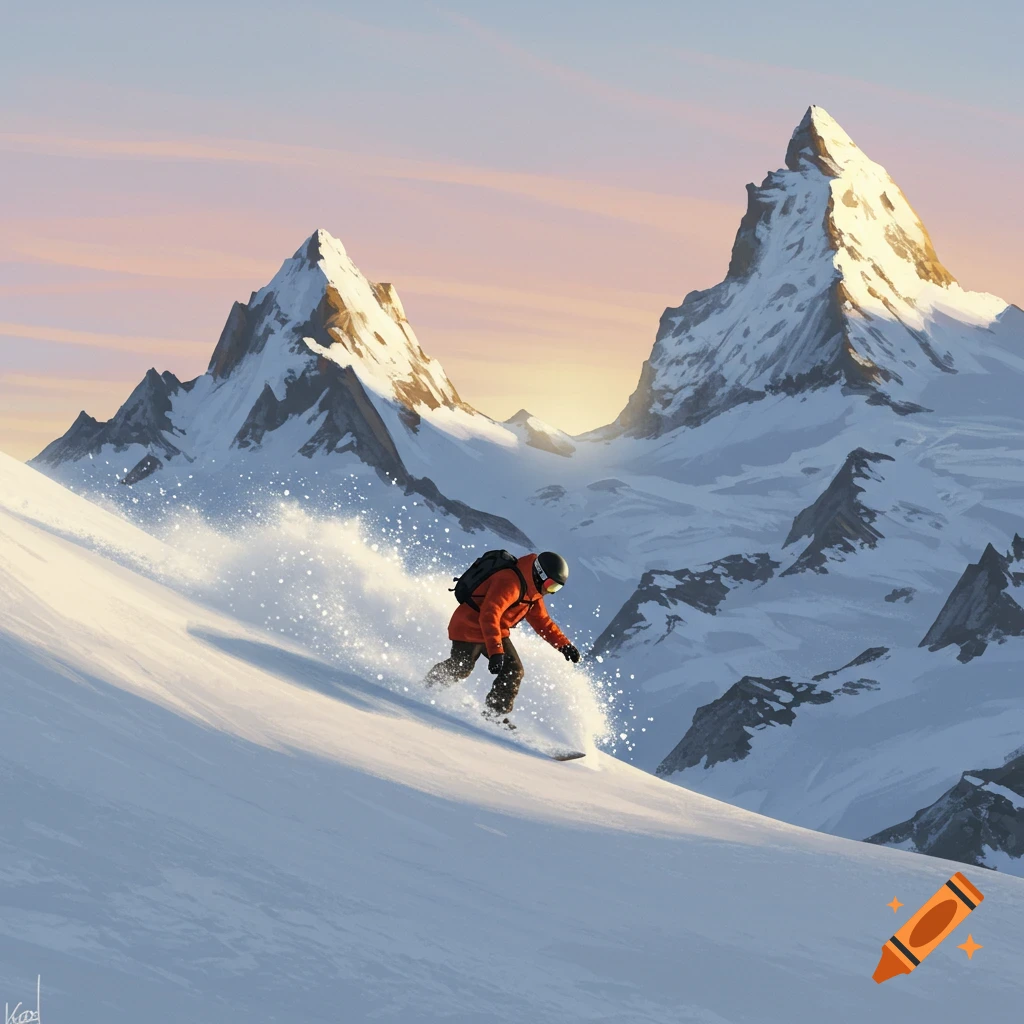 A snowboarder in an orange jacket carves down a snowy mountain slope at sunset, with large snow-capped peaks in the background.