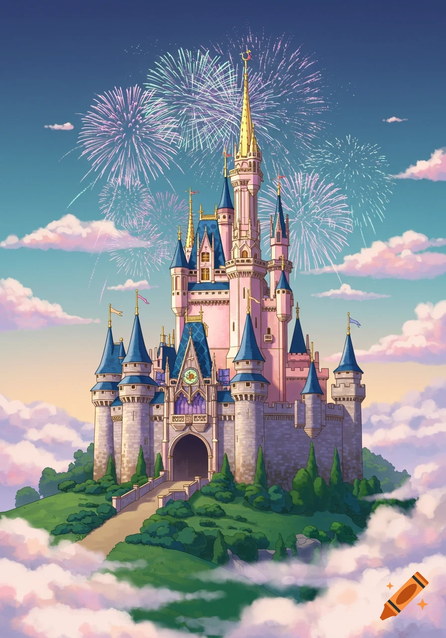 Vibrant cartoon drawing of a pink and blue fairytale castle on a hill, surrounded by clouds, with fireworks in a clear sky.