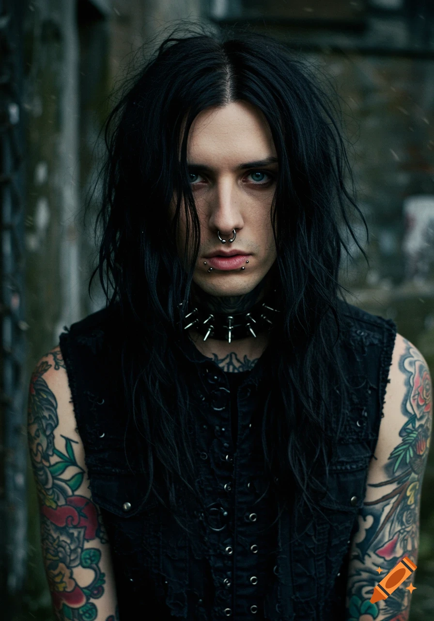 A person with long black hair, blue eyes, facial piercings, a spiked collar, and tattooed arms looking directly at the viewer.