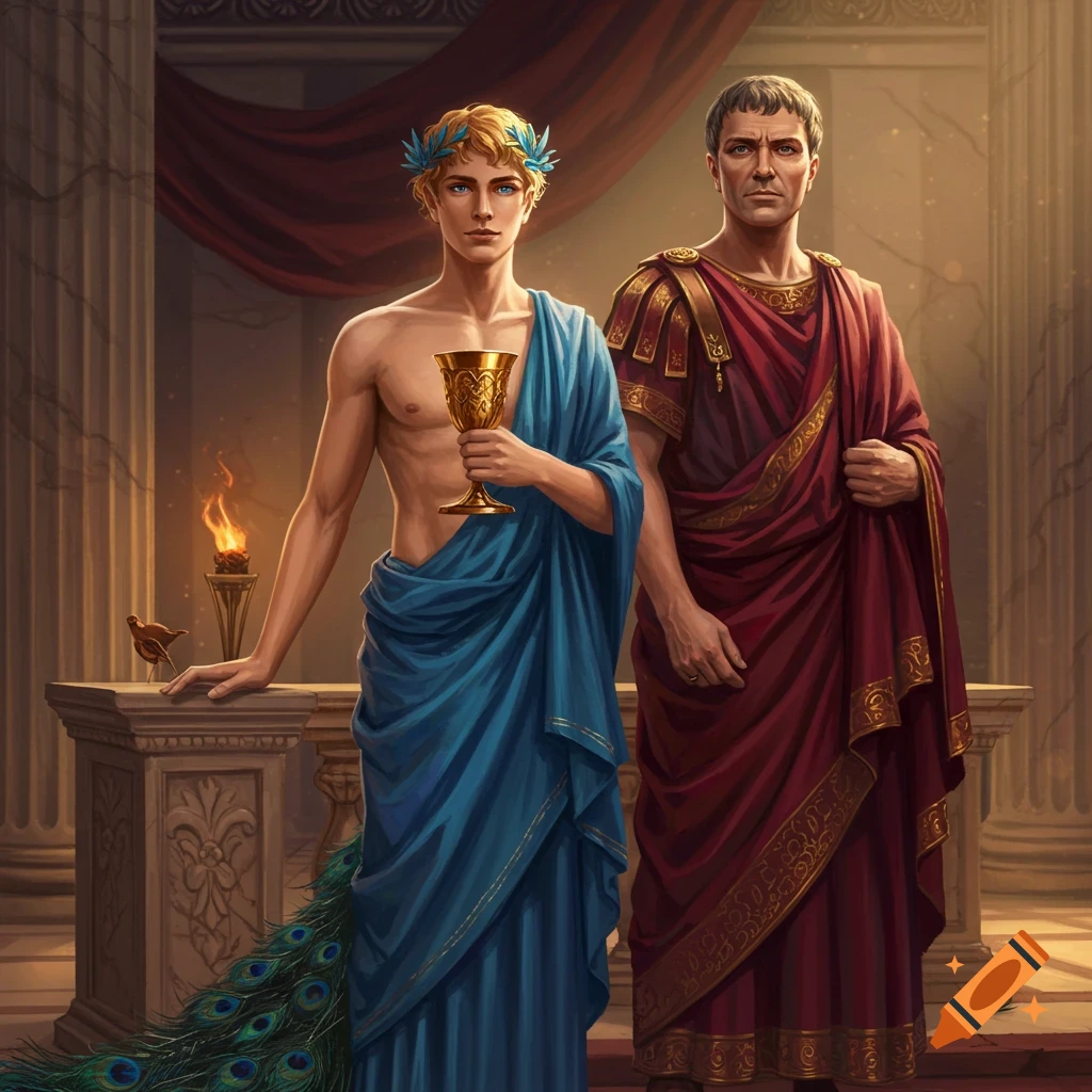 A youthful, shirtless man in a blue drape with a golden cup and laurel wreath stands next to an older man in a red toga, in a classical Roman setting.