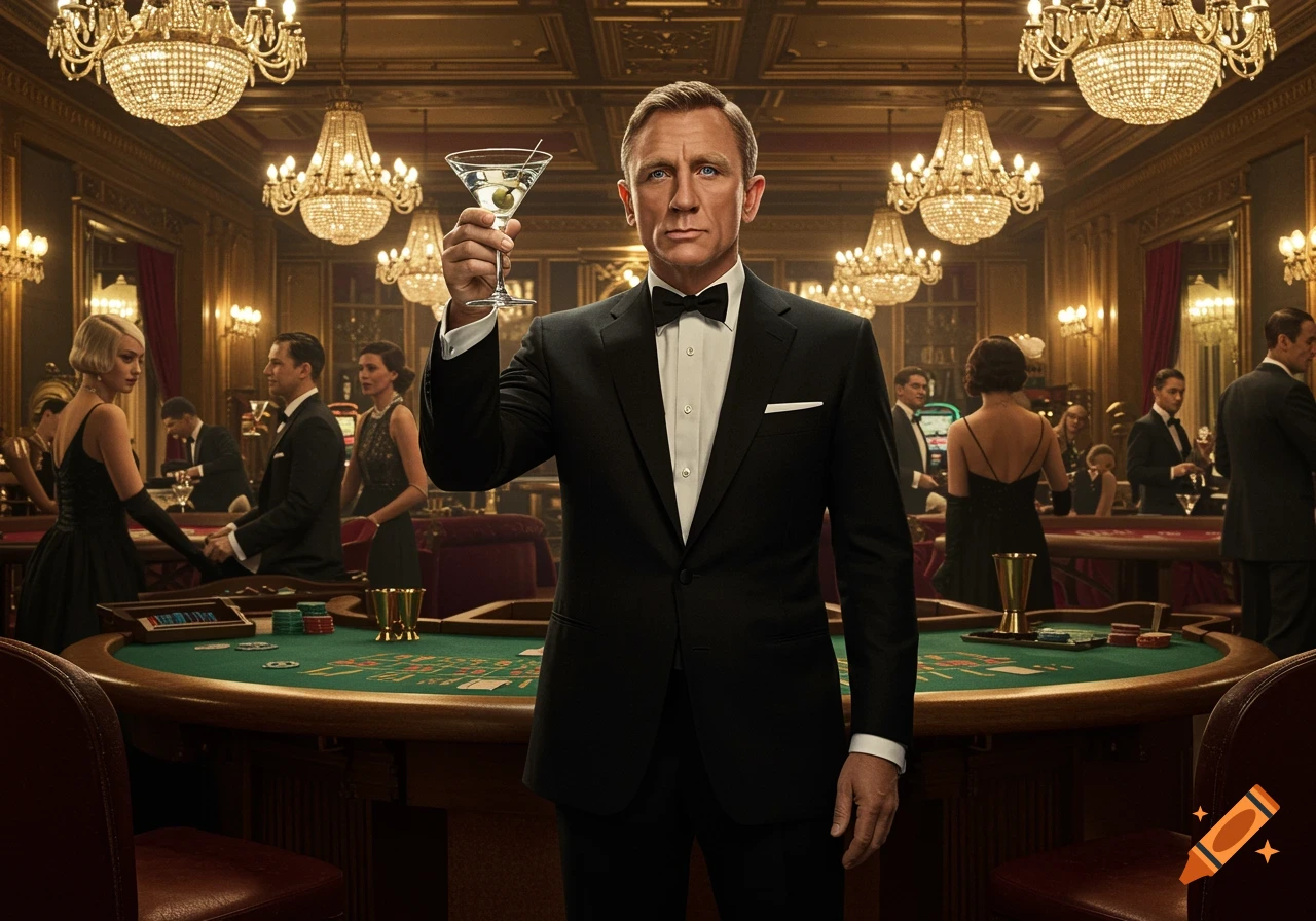 Daniel Craig as James Bond in a casino, dressed in a tuxedo and holding a martini glass, with other patrons in the background.