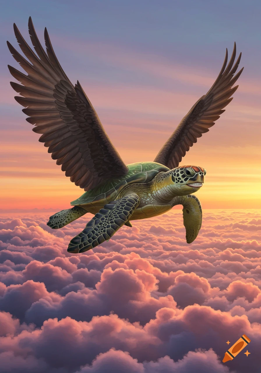 A winged turtle with a human smile flies above pink clouds during sunset.