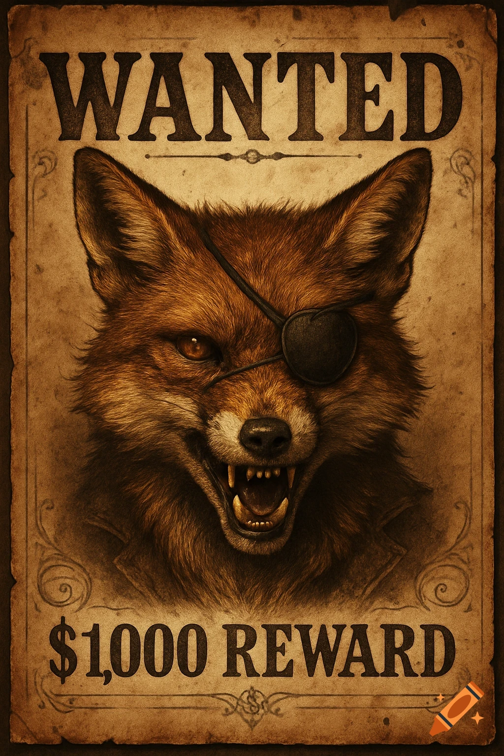 A vintage-style wanted poster featuring a menacing fox outlaw with an eyepatch and bared teeth, offering a $1,000 reward.