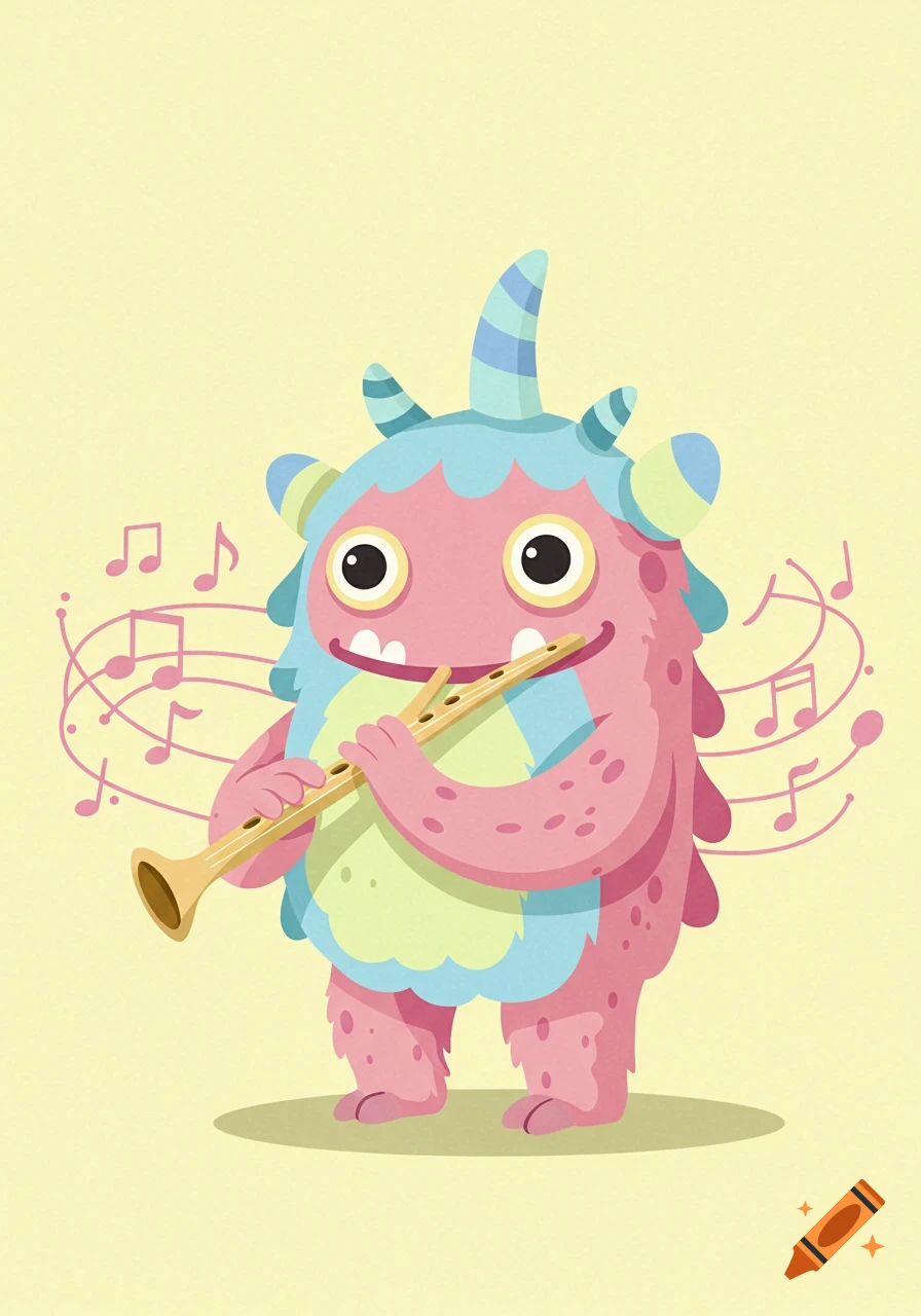 A cute, pink, blue, and yellow cartoon monster with horns plays a flute, with pink musical notes floating around it on a light yellow background.