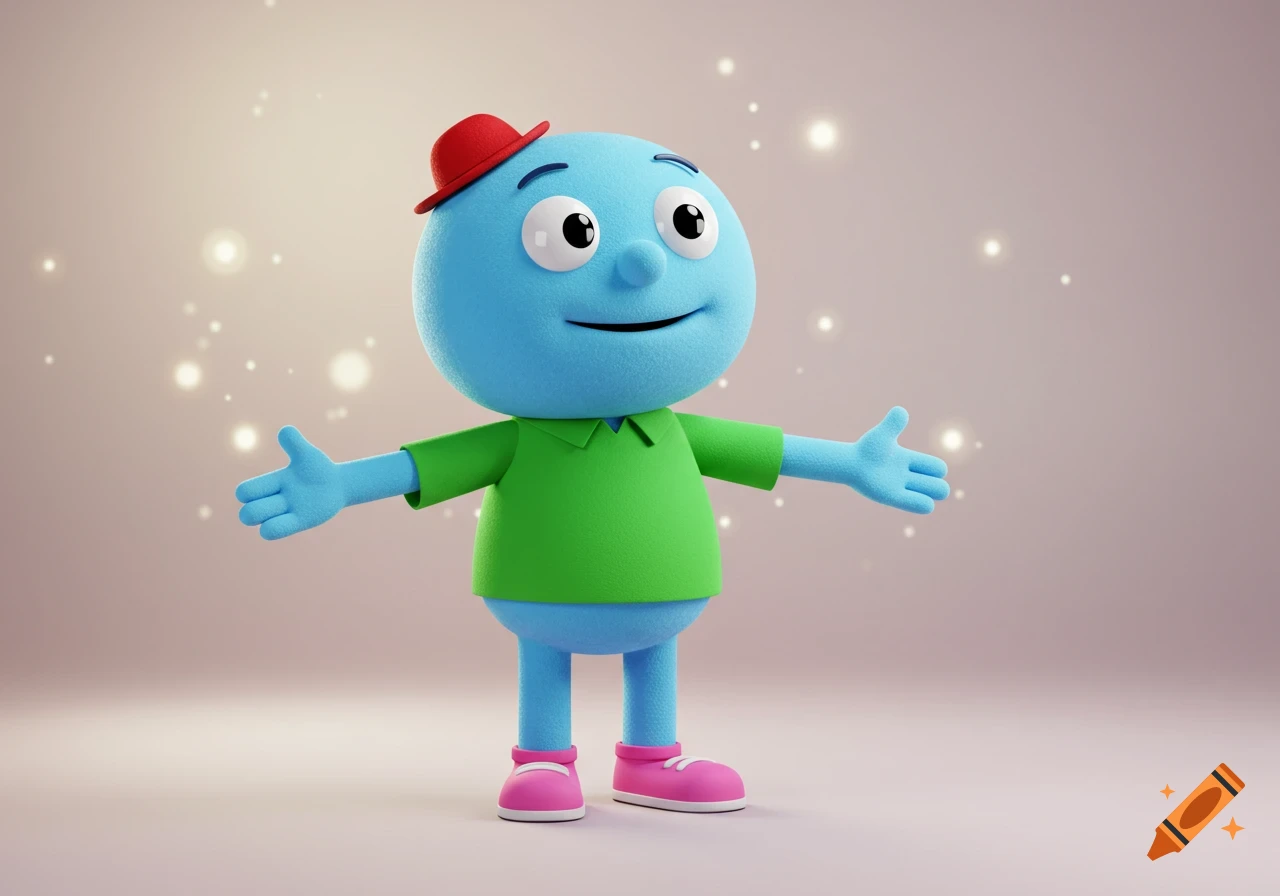 A light blue, round cartoon character wearing a green shirt, a red hat, and pink shoes, with arms outstretched in a welcoming gesture.