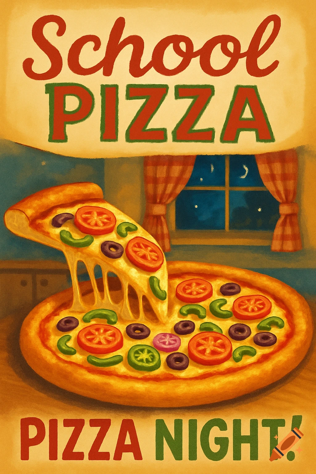 Retro-style poster featuring a cheesy pizza with a slice being pulled, displaying toppings like tomatoes, olives, and bell peppers. Text reads 'School PIZZA' and 'PIZZA NIGHT!'.