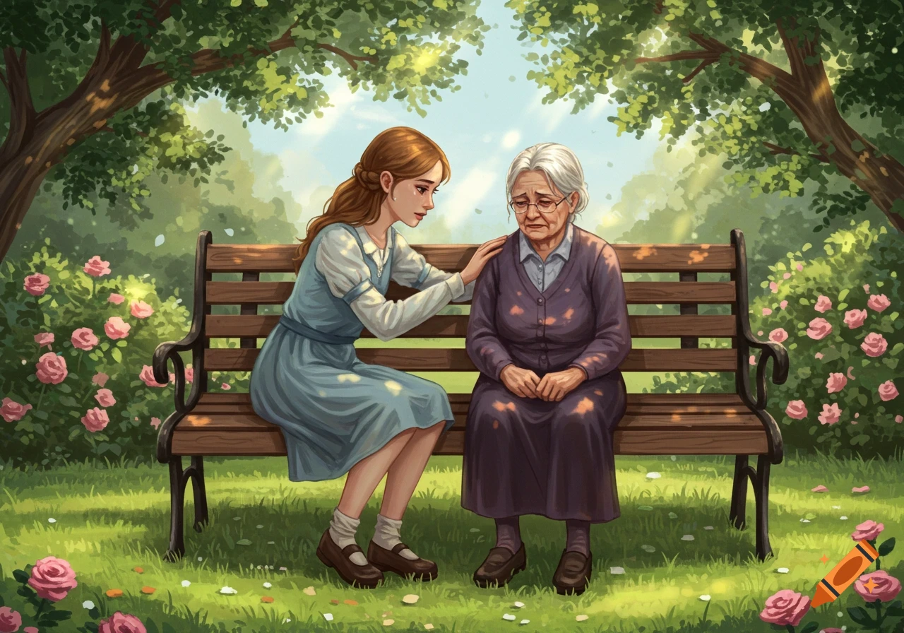 An illustration of a sad young woman consoling an elderly woman on a park bench, surrounded by trees and roses.