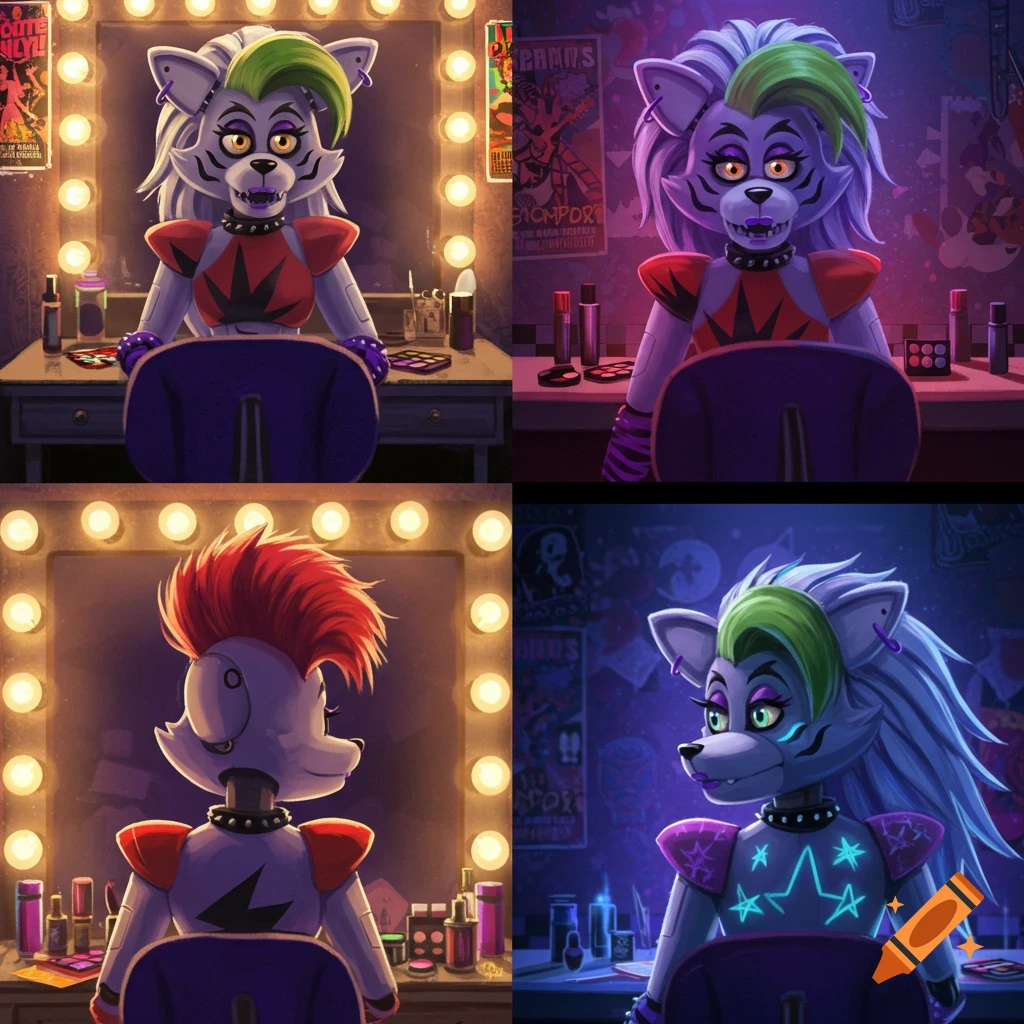 Four panels show Roxanne Wolf, an anthropomorphic wolf from FNAF, in a glam rock dressing room. Each panel features her with a different, radical haircut while sitting at a vanity.