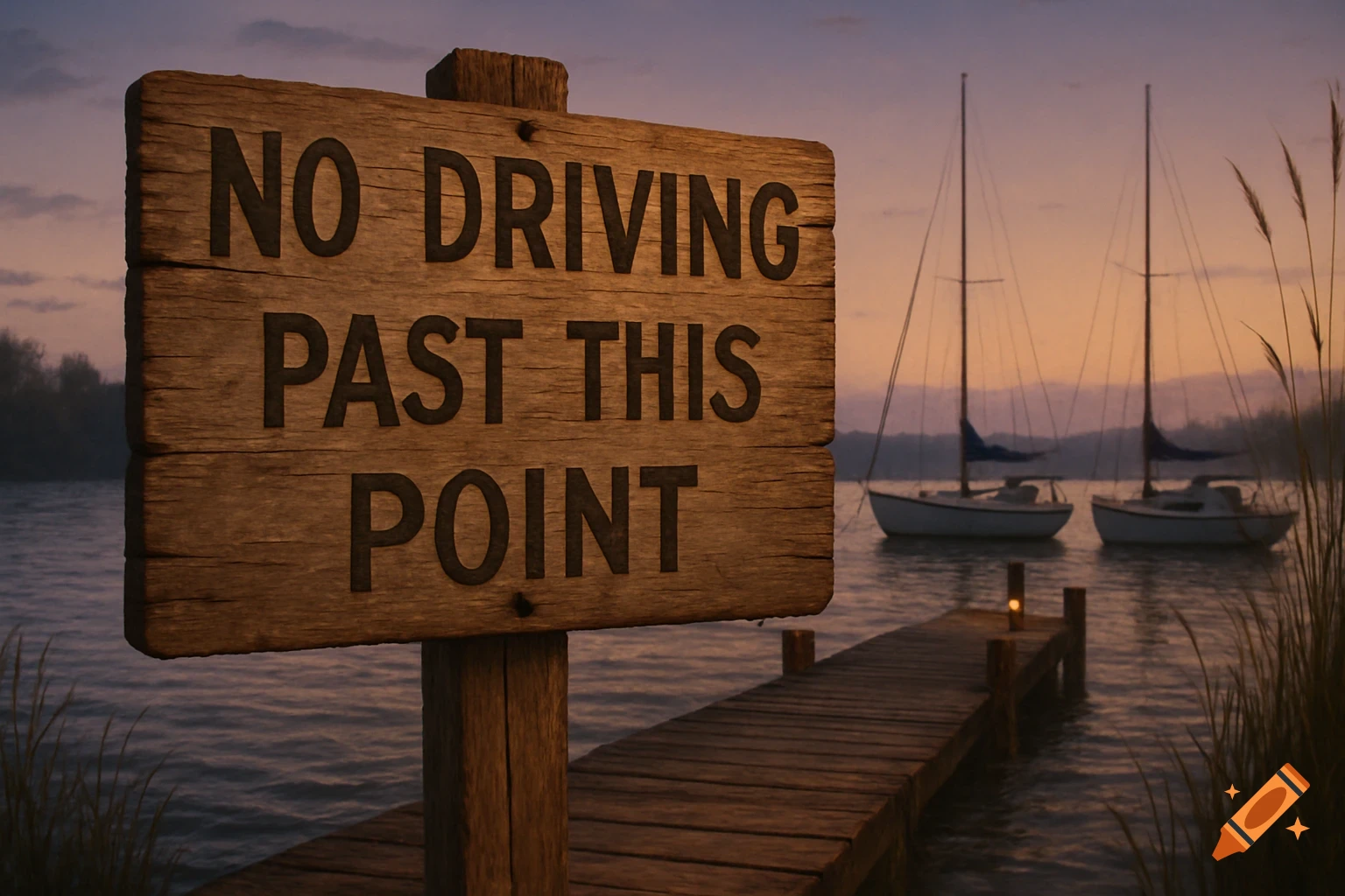 A wooden sign at a boat dock reads 'NO DRIVING PAST THIS POINT', with two sailboats on the water at twilight.