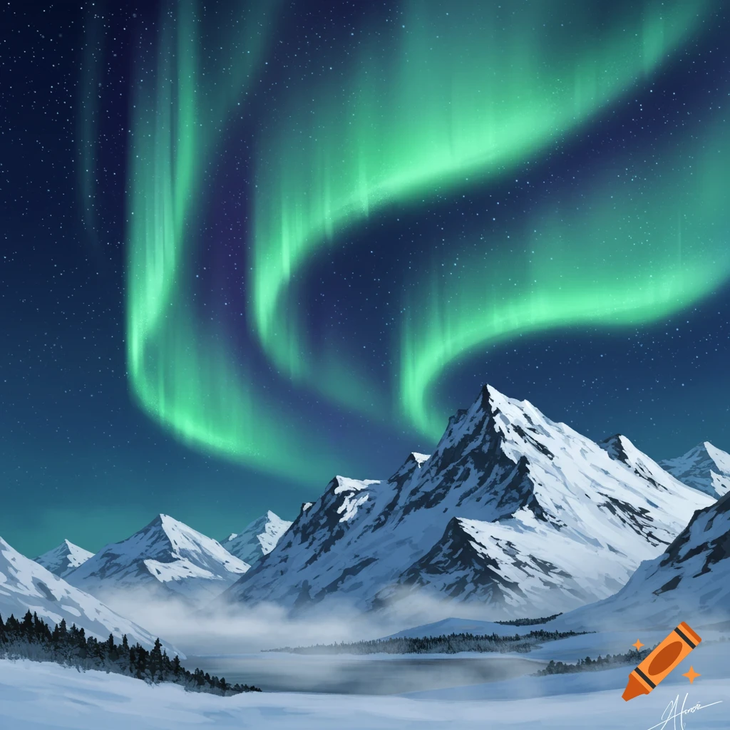 Digital painting of a vibrant green aurora borealis over snowy mountains, a valley, and a lake under a starry night sky.