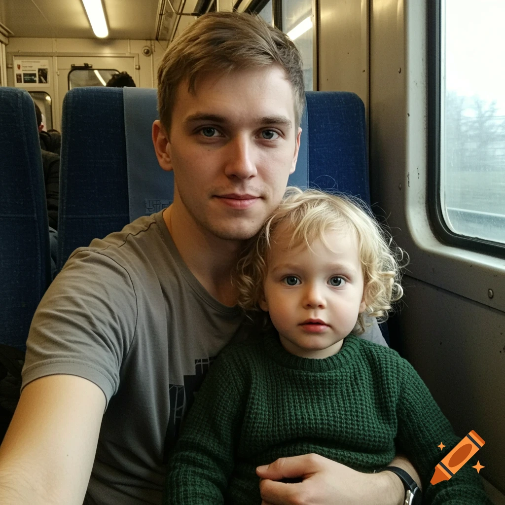 A photorealistic image of a man and a child with blonde curly hair sitting on a train.