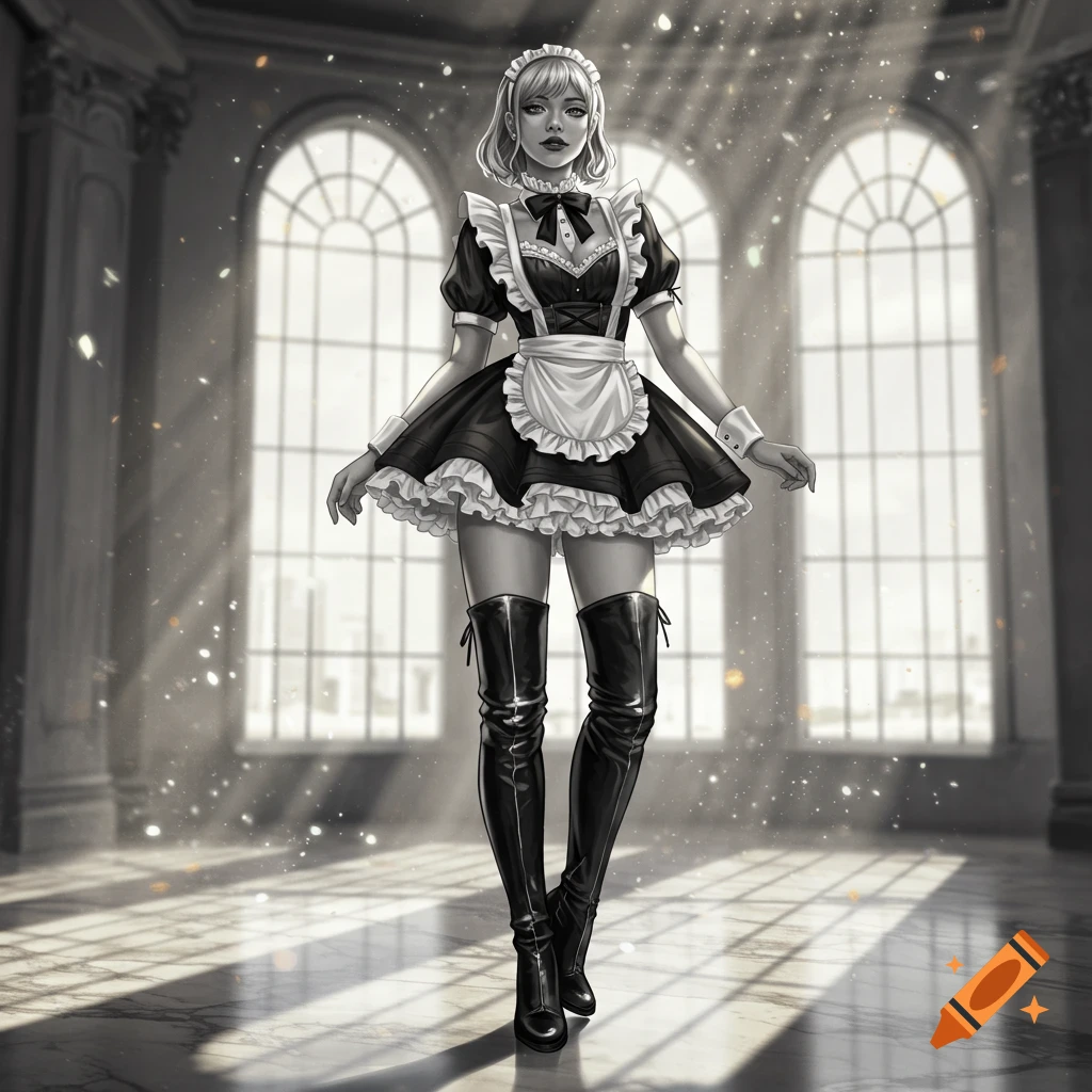 Anime-style woman in a black and white maid dress with thigh-high boots stands in a grand hall with large arched windows, light rays shining.