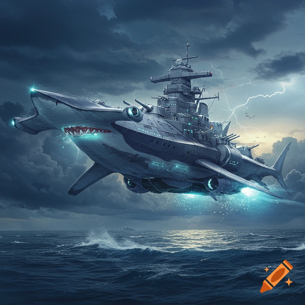 A futuristic hammerhead shark-shaped flying battleship soars through a stormy sky above a dark ocean with lightning.