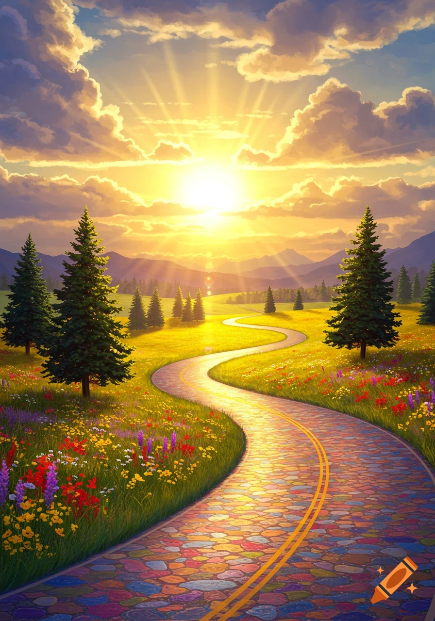 A colorful winding cobblestone road through a bright green field filled with wildflowers under a radiant sunset sky with clouds.