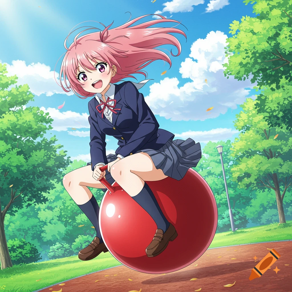 Anime girl with pink hair joyfully bouncing on a red space hopper in a sunny park.