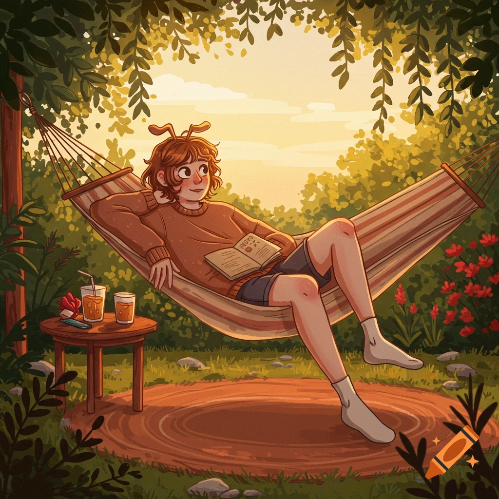 An illustrated person with brown hair and animal-like ears relaxing in a hammock in a sunny garden, reading a book. There are drinks on a side table.