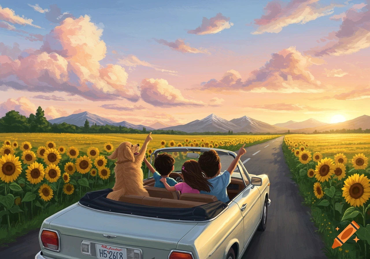 A family and their dog drive a convertible through a sunflower field at sunset, pointing at the sky. Illustrated style.