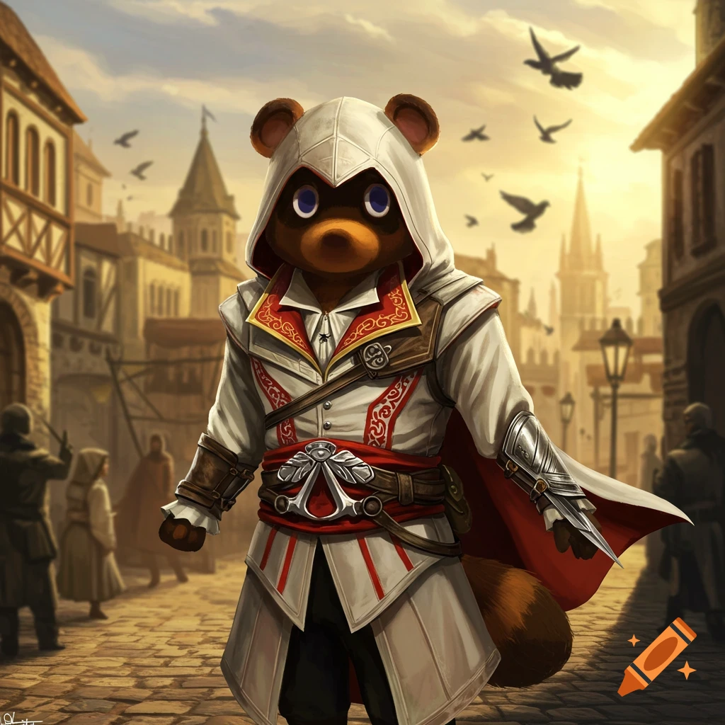 Tom Nook in an Assassin's Creed costume stands on a cobblestone street in a medieval town at sunset, with birds flying overhead. Digital art style.