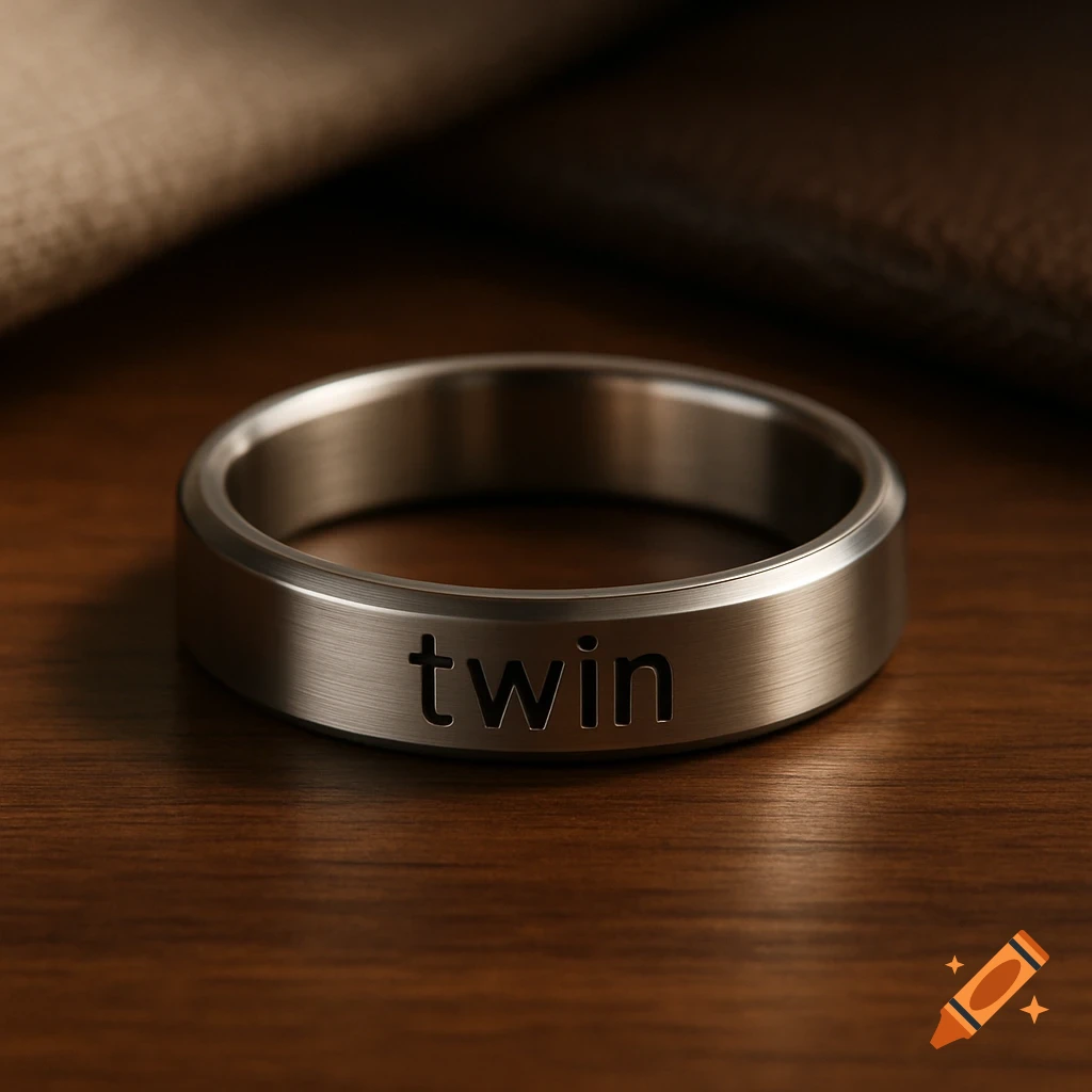 Close-up of a brushed metal ring with the word 'twin' engraved, resting on a wooden surface.