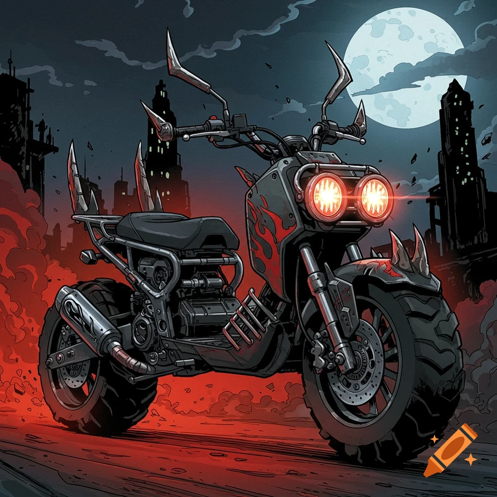 Comic book art of a dark, horned scooter with red flames, 'The Doomscoot', in a ruined city under a full moon.