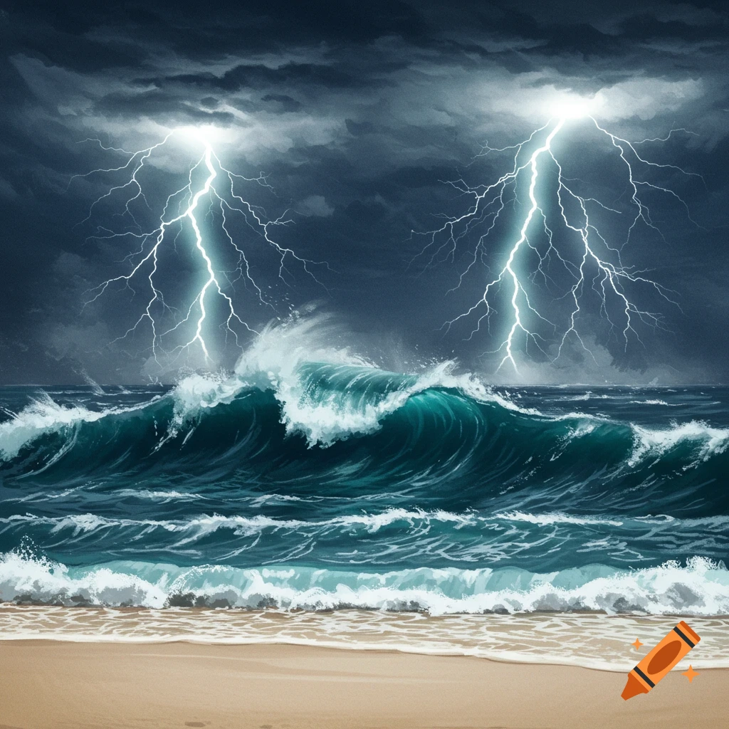A stormy ocean with large teal waves crashing on a sandy beach under a dark, cloudy sky with bright lightning.